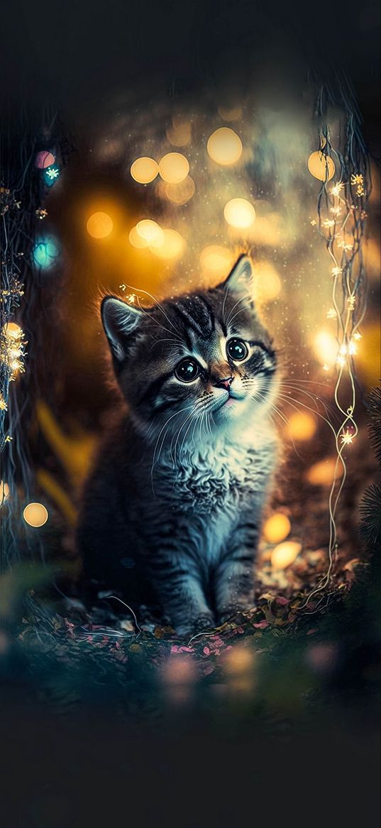 kitten, cute, pet, forest, lights, animal, ai, art