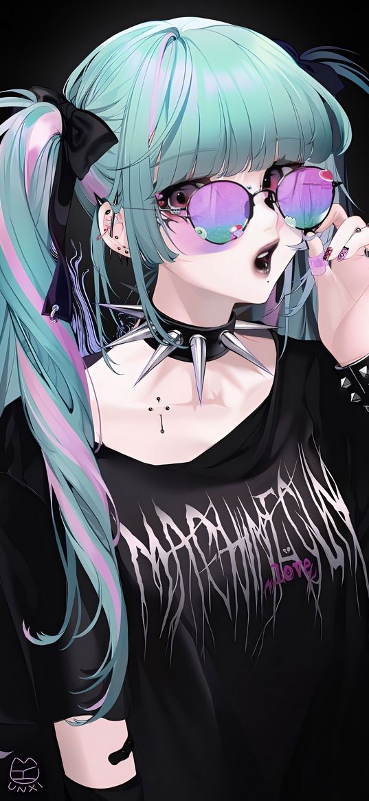 anime, girl, goth, glasses, ponytails