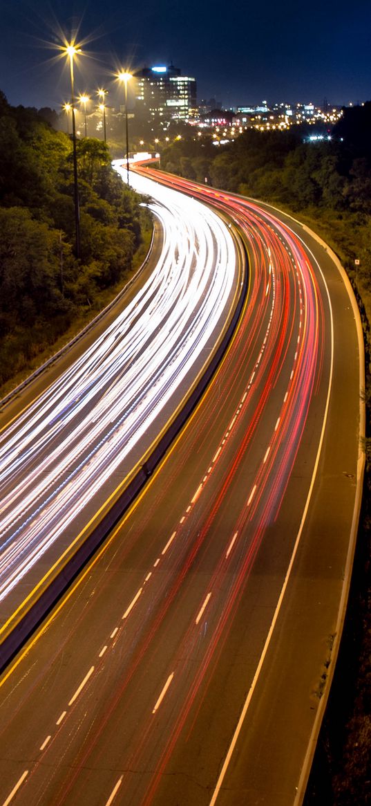 road, lights, freezelight, night, city, trees