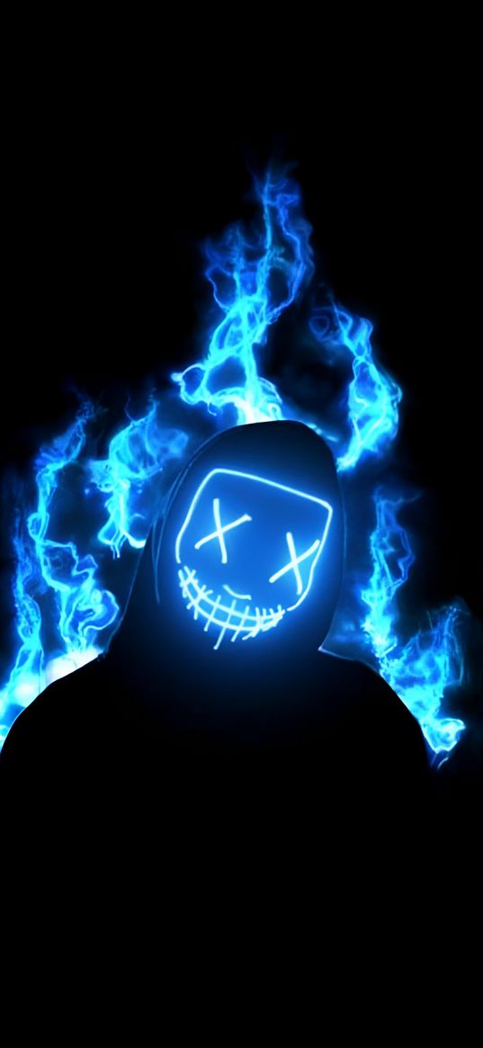 guy, mask, hood, fire, neon, blue