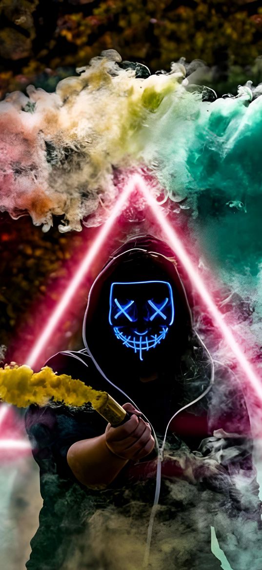 guy, mask, smoke, triangle, neon, color