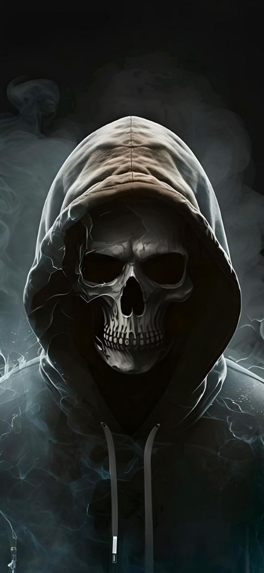 skull, hood, smoke, grey, dark