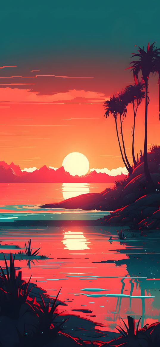 lake, hills, mountains, palm trees, sunset, art