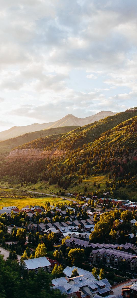 houses, buildings, roofs, trees, hills