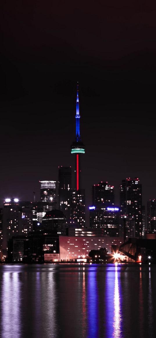 tower, backlight, buildings, lights, river, night, city