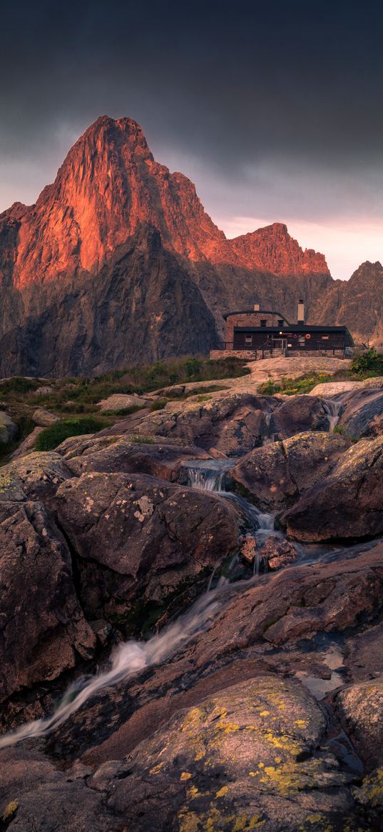 mountains, rocks, house, stones, stream