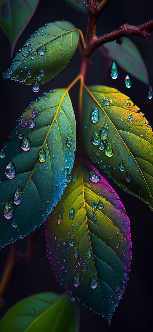 leaves, greenery, drops, art