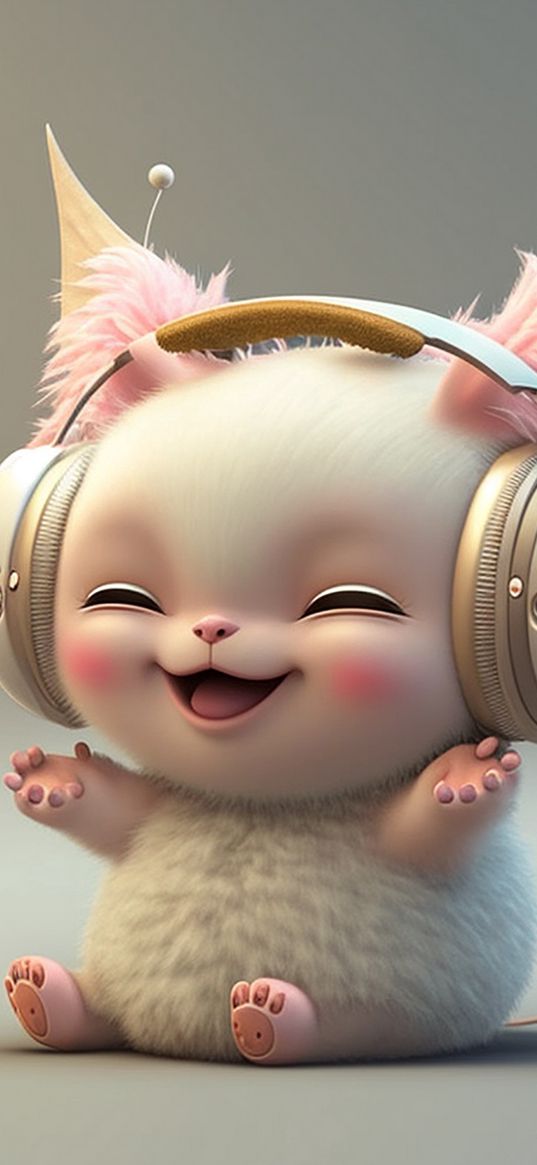 monster, creature, beast, white, fluffy, headphones, art