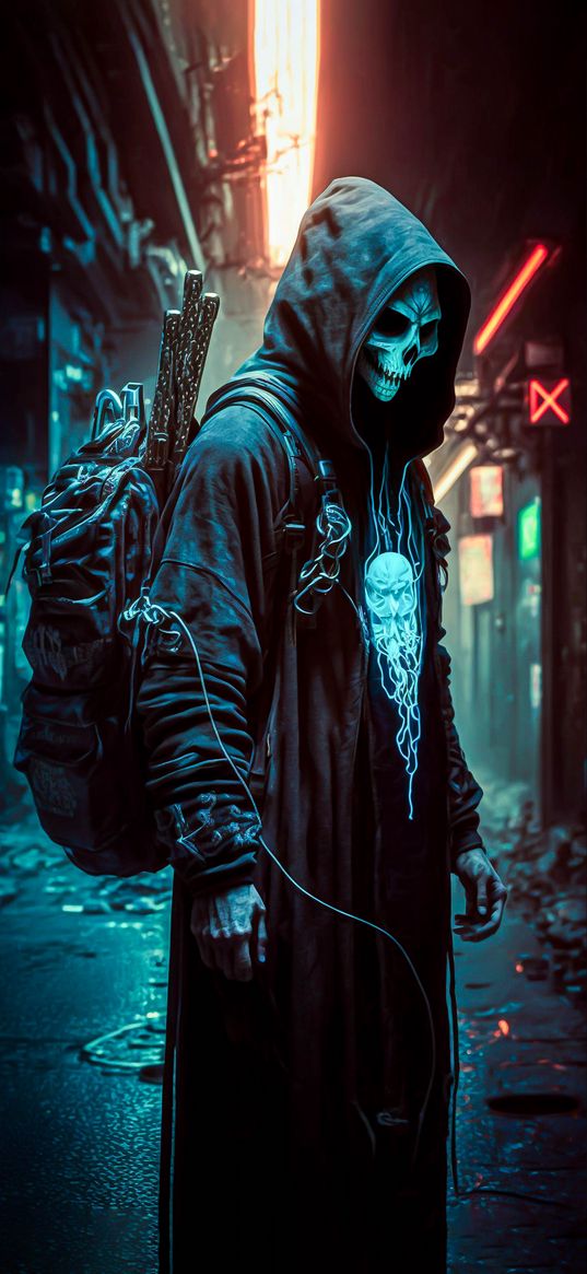 skeleton, raincoat, hood, backpack, street, art