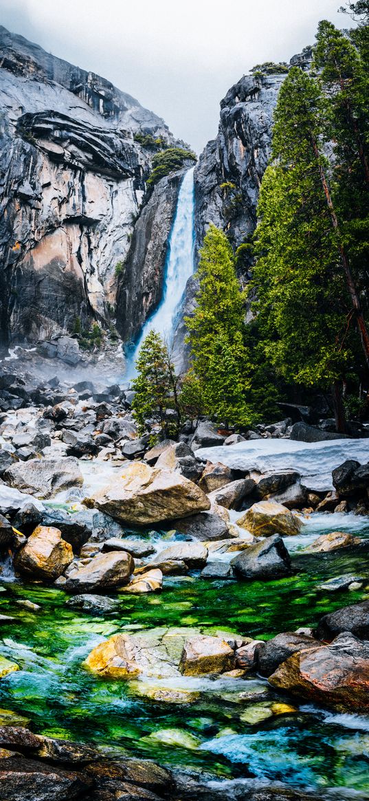 waterfall, rocks, cliff, stones, river, trees