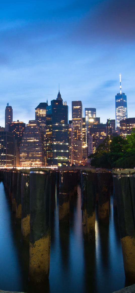 buildings, lights, city, pilings, evening