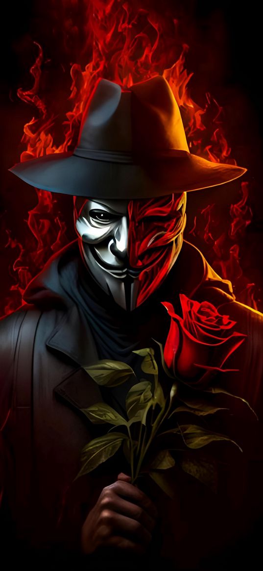 man, mask, hat, rose, fire, dark