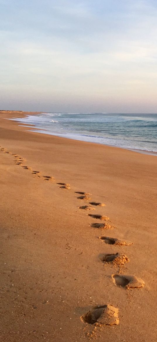 sand, footprints, coast, sea