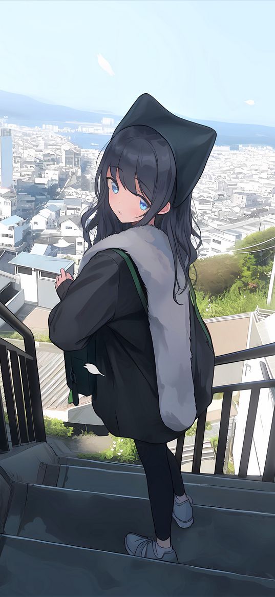 girl, home, buildings, city, stairs, anime