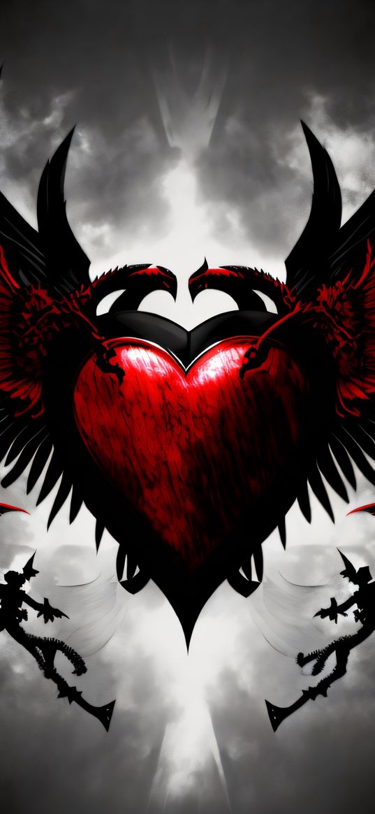 heart, armor, wings, claws, clouds, red, black