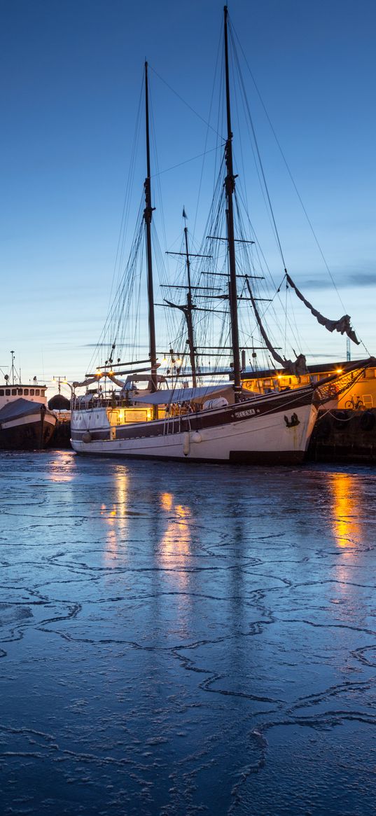 ship, masts, sea, pier