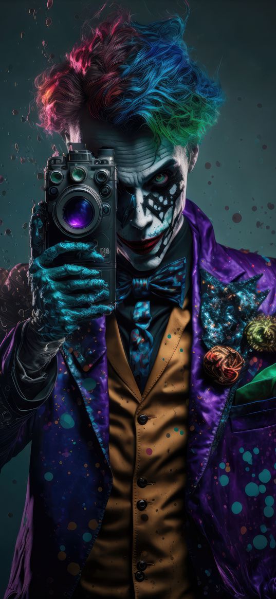 joker, clown, camera, colors, art