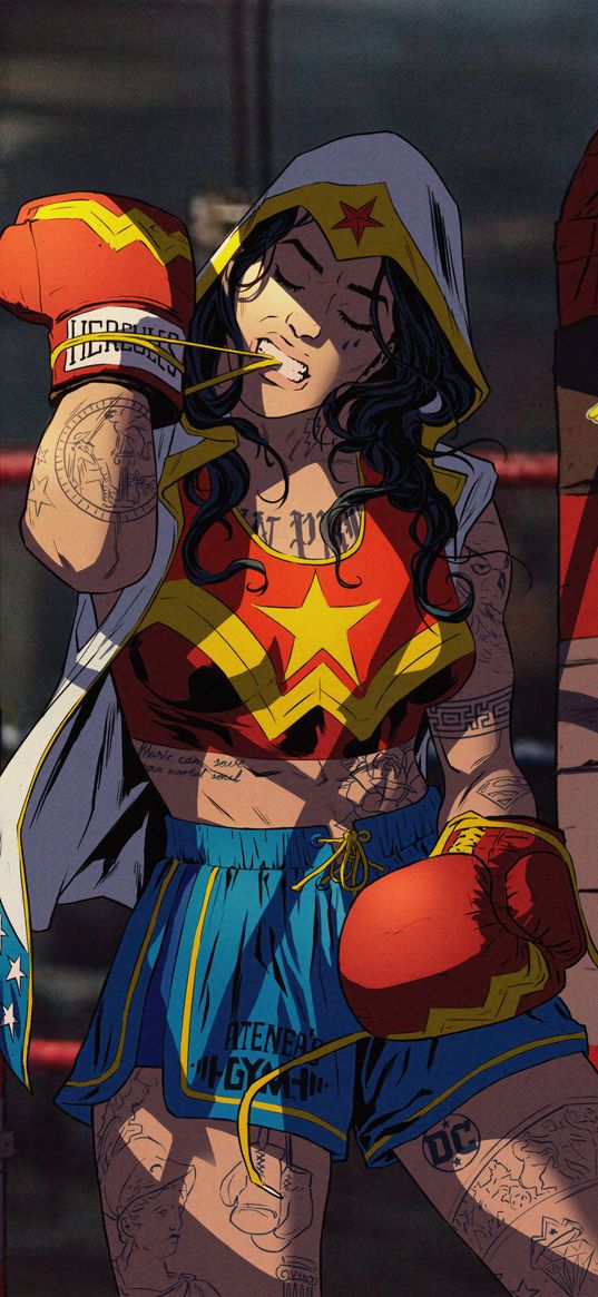 wonder woman, superhero, dc, tattoo, gloves, boxing, art