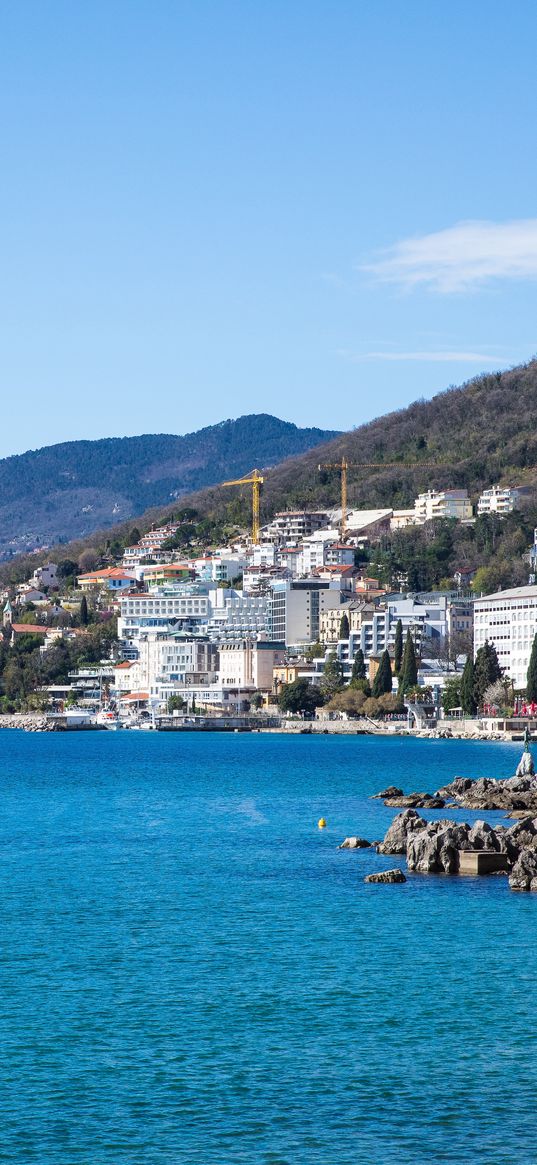 buildings, coast, sea, mountains, slope