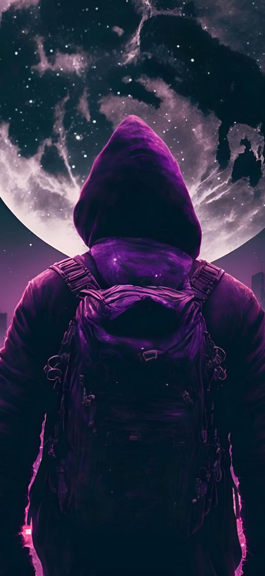 backpack, hood, moon, wanderer, purple