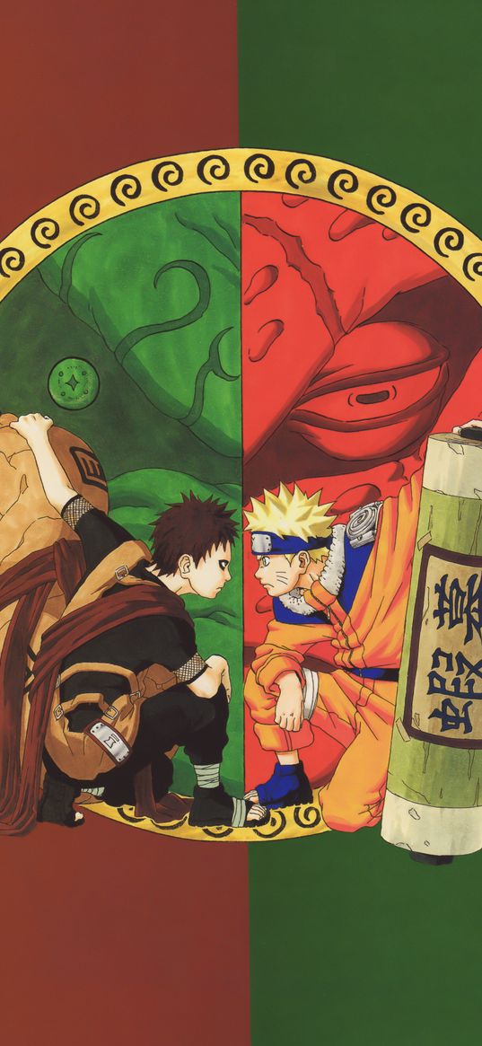 gaara, naruto, anime, ninja, symbol, confrontation, green, red, art