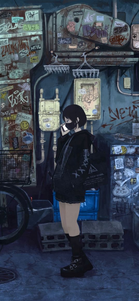 girl, mask, short hair, short skirt, hoodie, smartphone, slum, street, anime, art