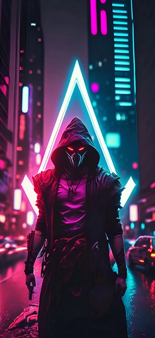 man, hood, mask, city, triangle, neon, art