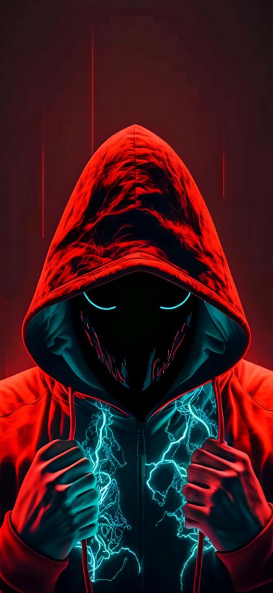 man, mask, hood, lightningr, neon, art