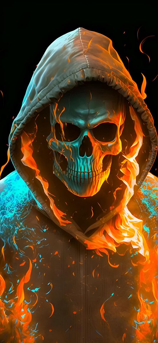 hood, skull, fire, art