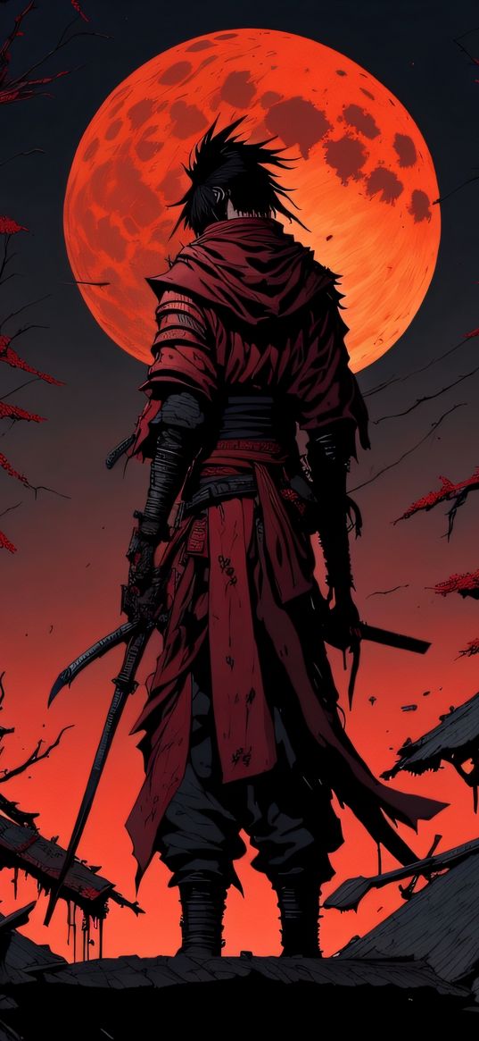 samurai, ruins, katana, weapon, moon, red, dark