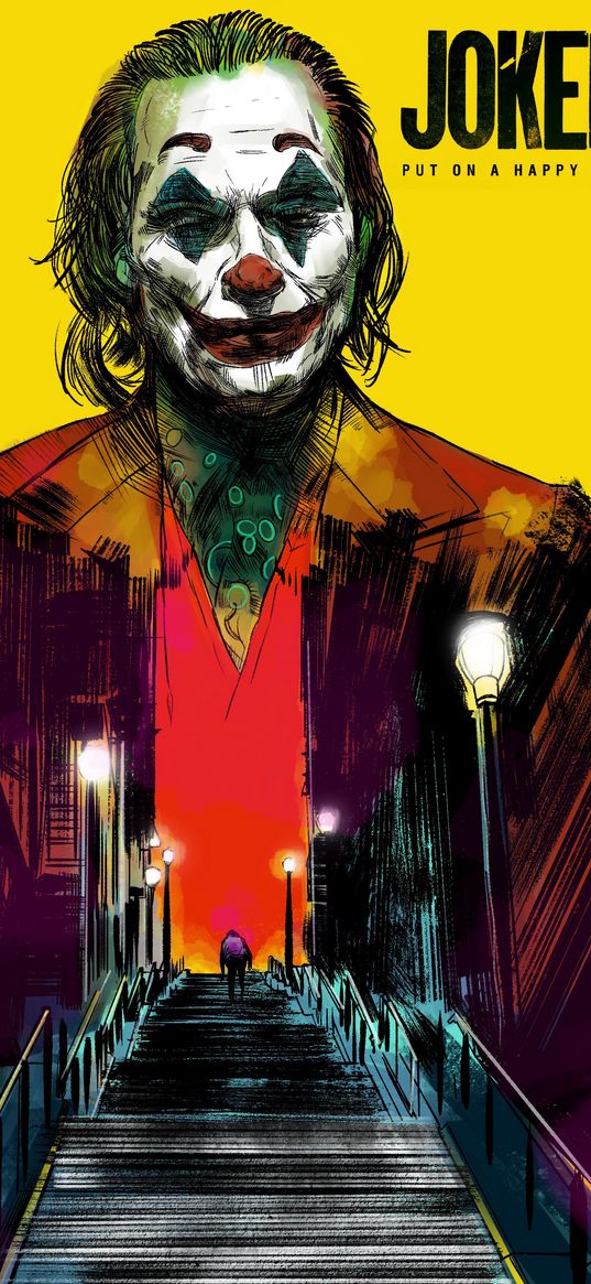 joker, villain, dc, clown, makeup, ladder, lanterns, art