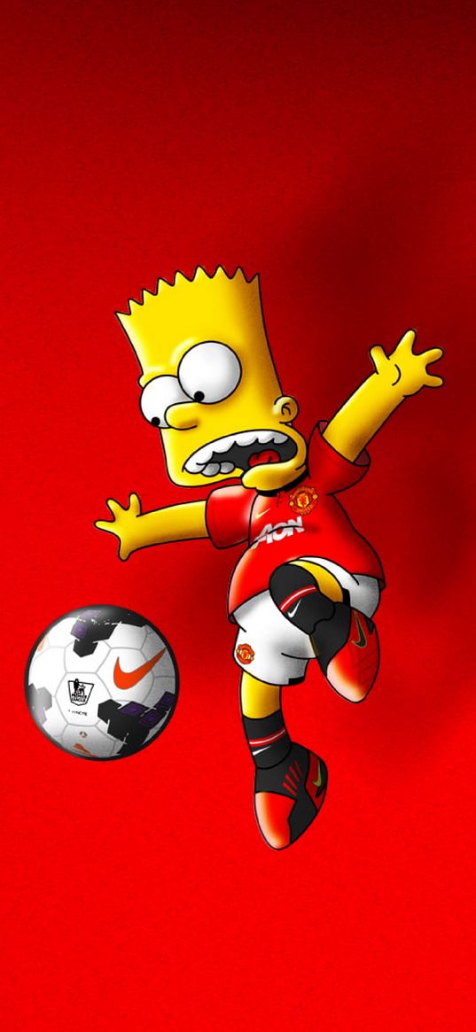 bart simpson, the simpsons, cartoon, character, boy, football uniform, ball, football, red, art