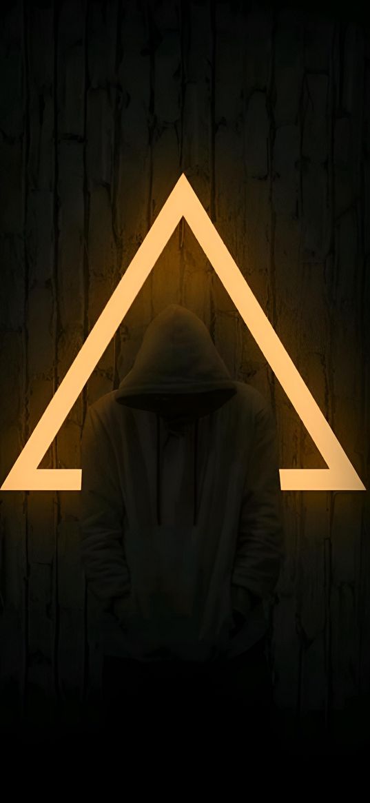 guy, hoodie, hood, triangle, neon, yellow