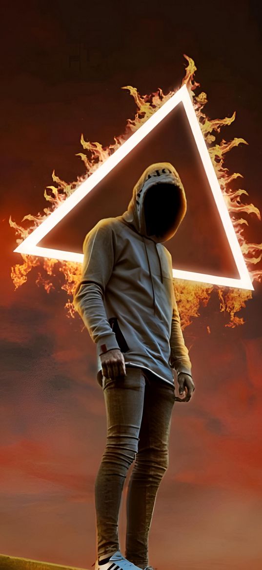 guy, hoodie, hood, triangle, neon, fire, sunset, clouds, sky