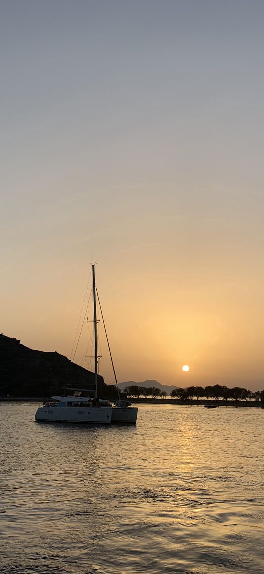 sea, yacht, mountains, sunset, sun