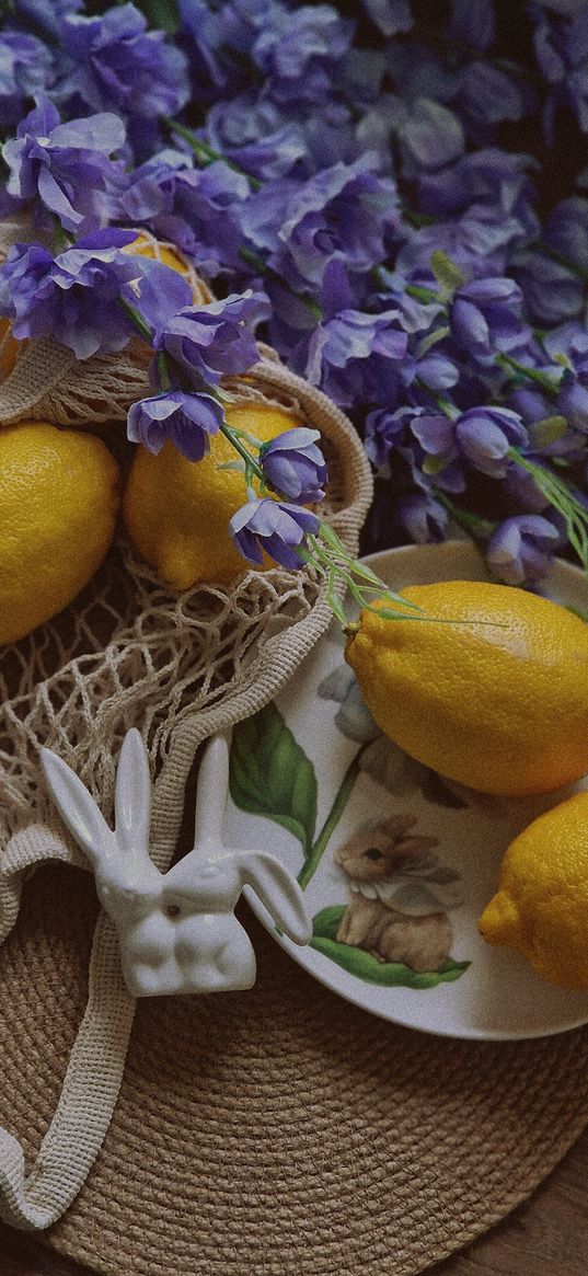 lemons, flowers, yellow, purple, bunnies