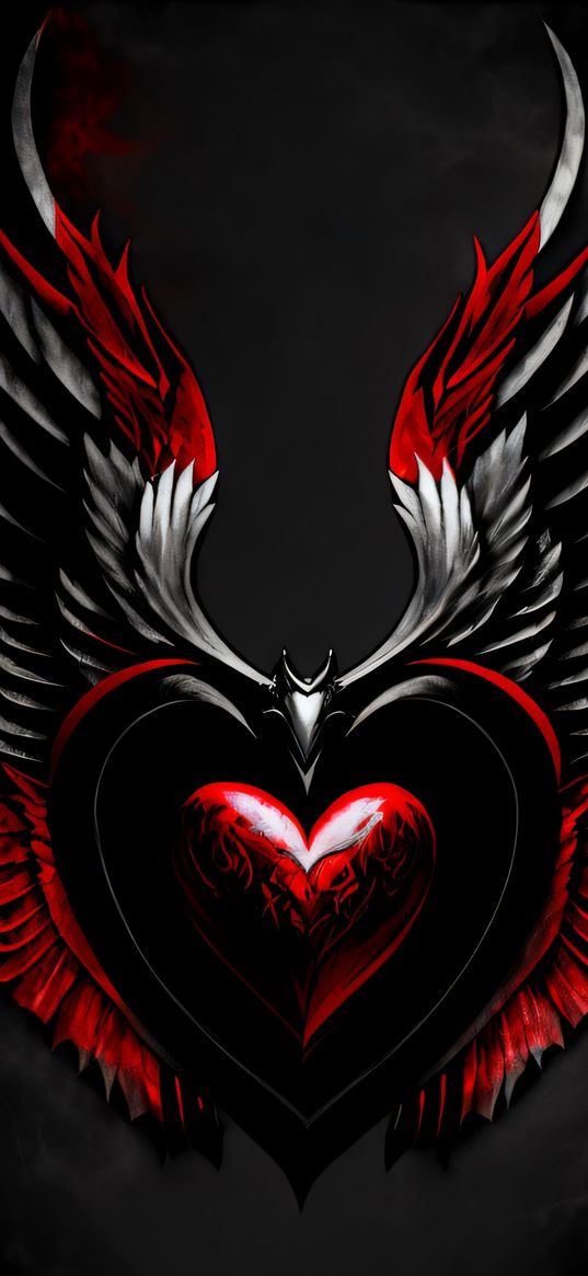 heart, wings, metal, red, old school