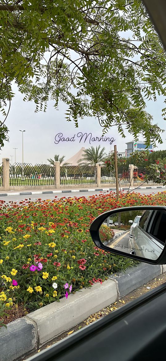 good morning, inscription, postcard, car, street, flowers