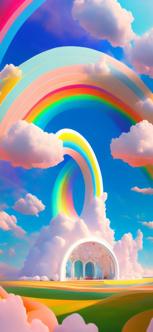 rainbow, sky, clouds, bright, color, art