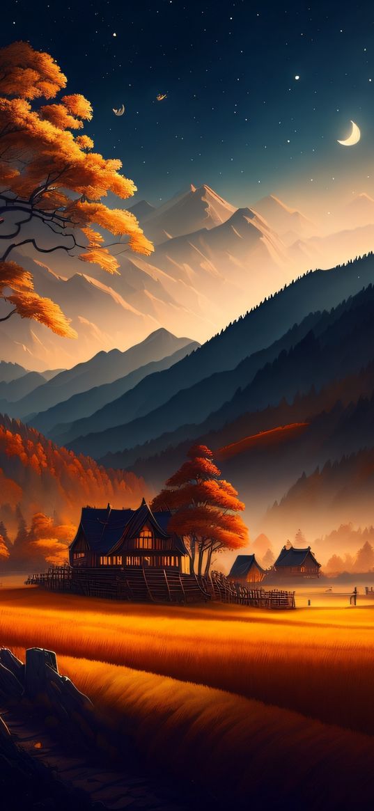 autumn, field, calm, sky, mountains, house