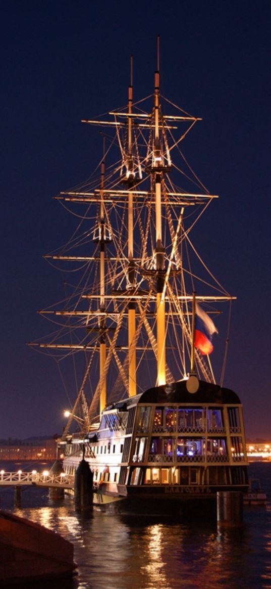 ship, sea, night, sailboat, embankment