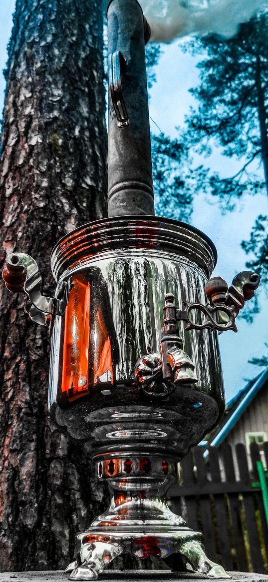 kettle, bonfire, pine, evening, village