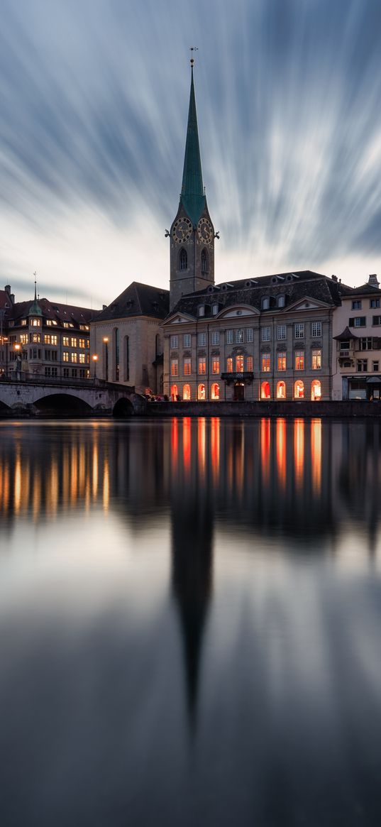 buildings, towers, lake, bridge, canal, reflection