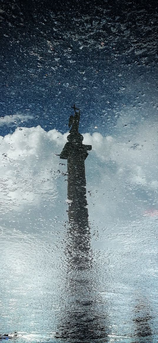 asphalt, rain, puddle, st. petersburg, alexandrian pillar, column