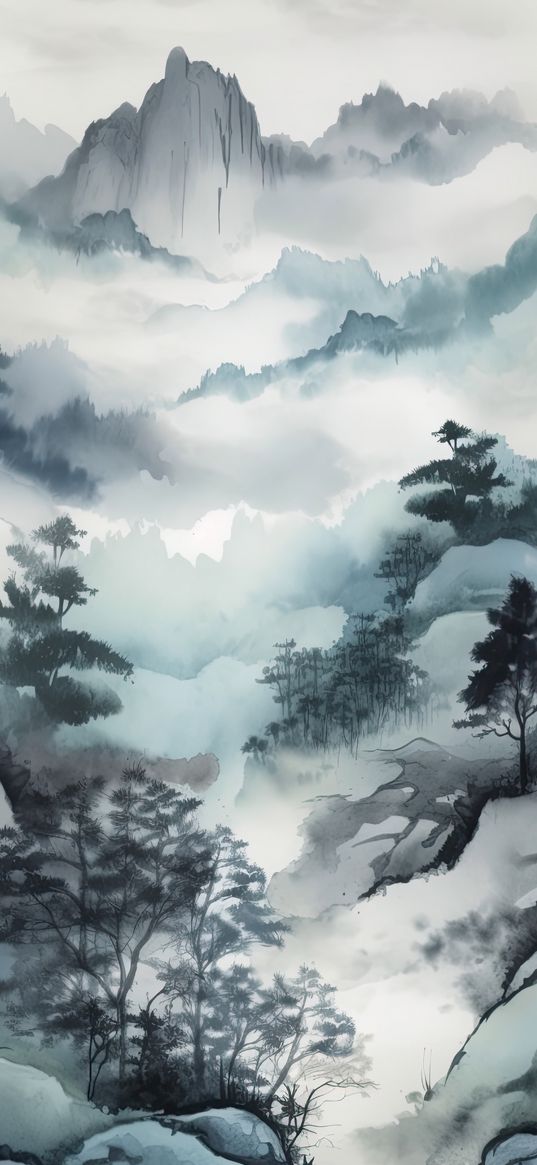 mountains, trees, fog, nature, art