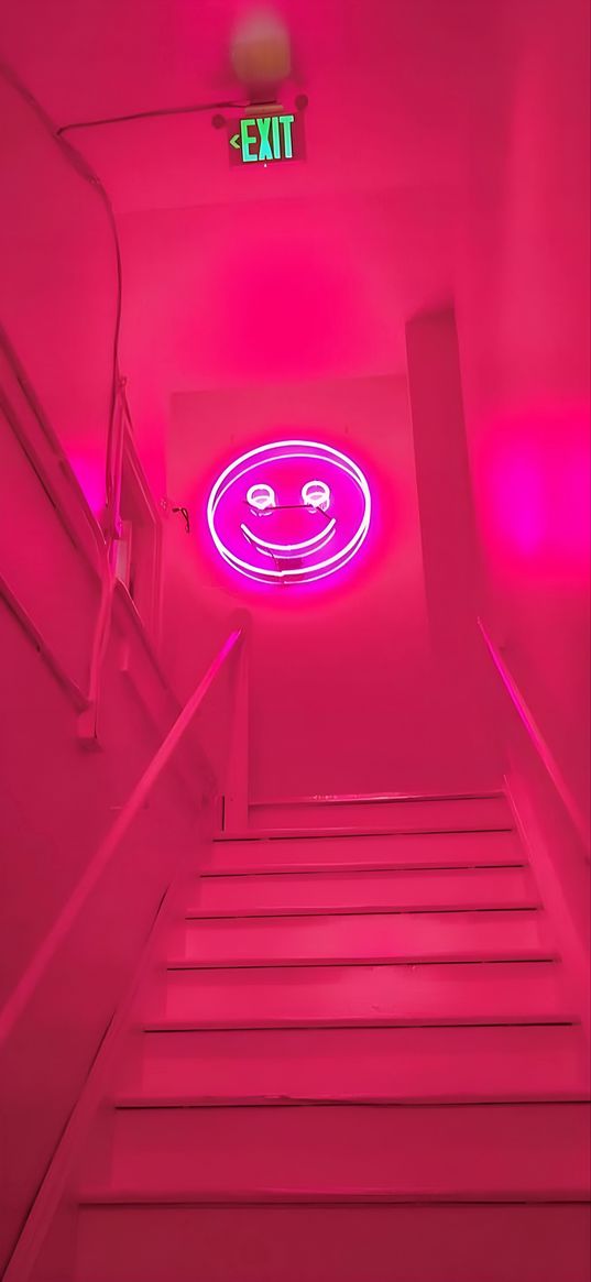 smile, neon, stairs, exit, pink