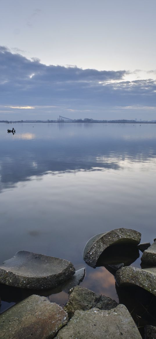 lake, horizon, concrete, fragments