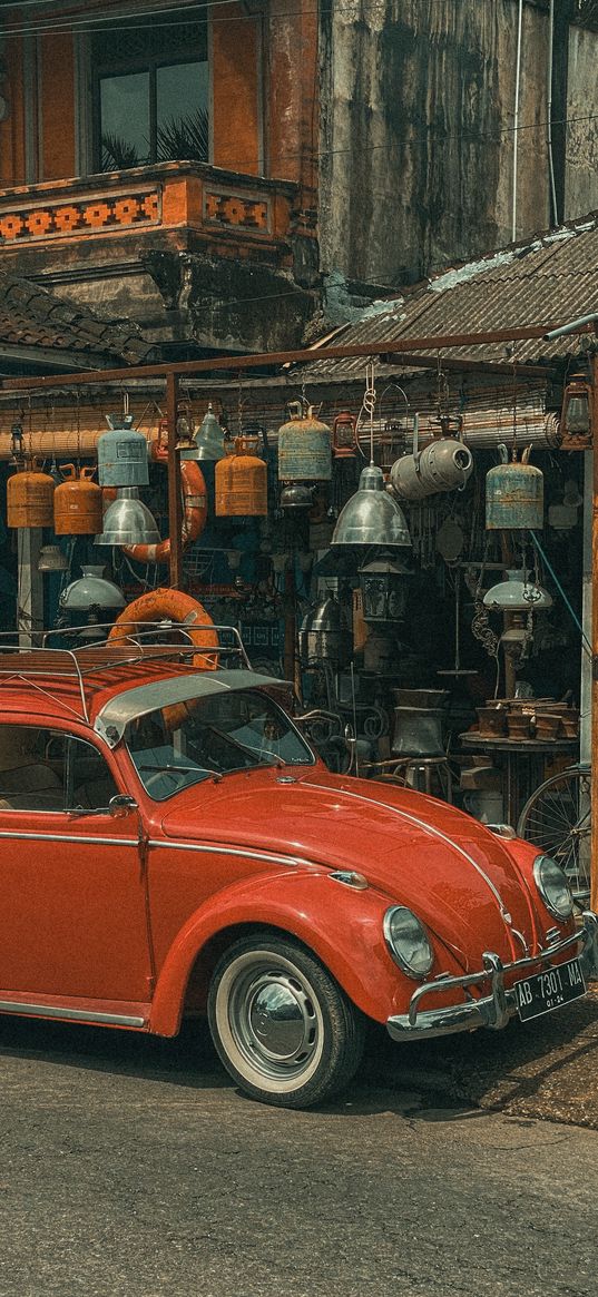 volkswagen beetle, car, retro, red, shop, house, street, bali, asia