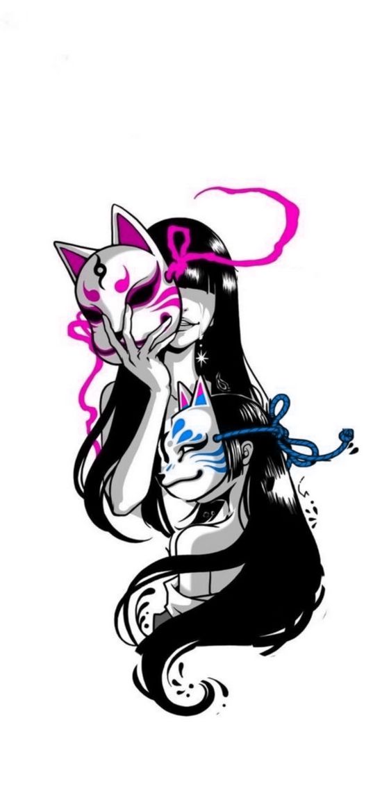 kitsune, girls, masks, cats, pink, blue, black and white, art