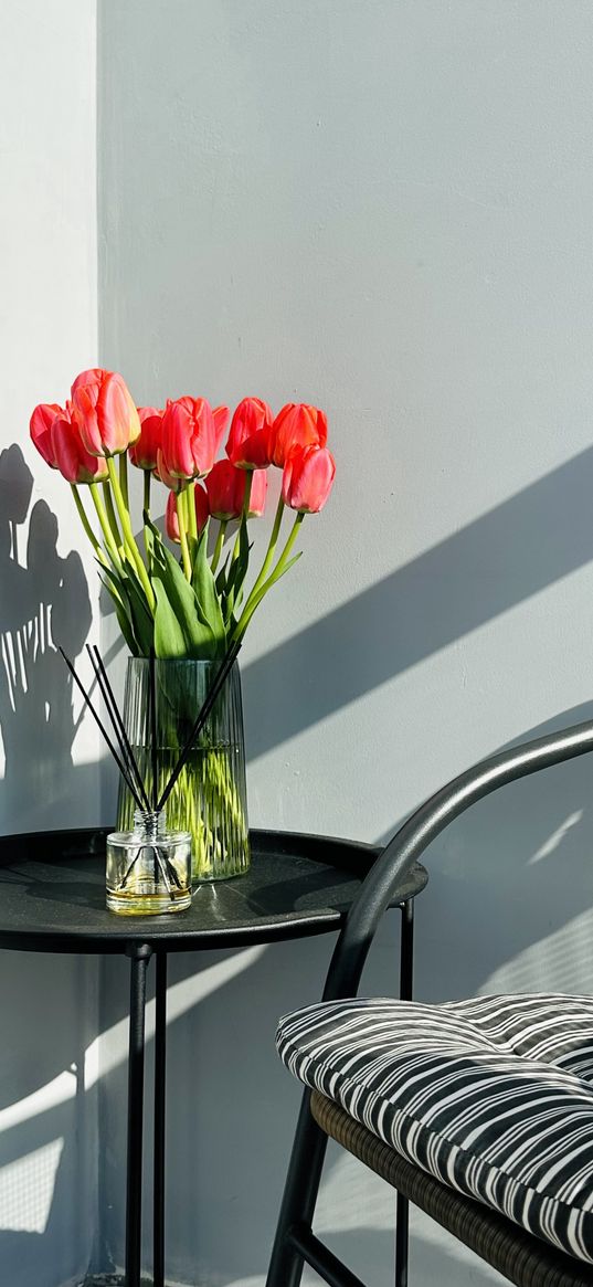 tulips, flowers, vase, table, aesthetics